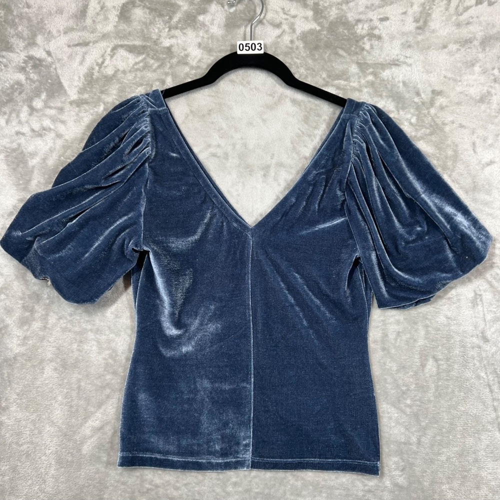 Free People Cupcake Velvet Top Size XS Blue Puff Sleeve Holiday Party - Picture 3 of 11
